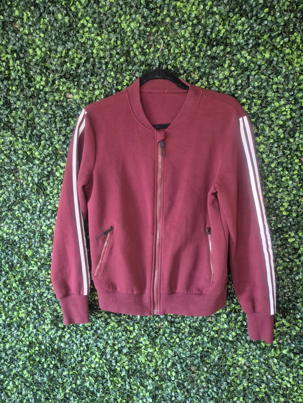 BuffBunny Maroon Bomber Jacket with White Sleeve Stripes